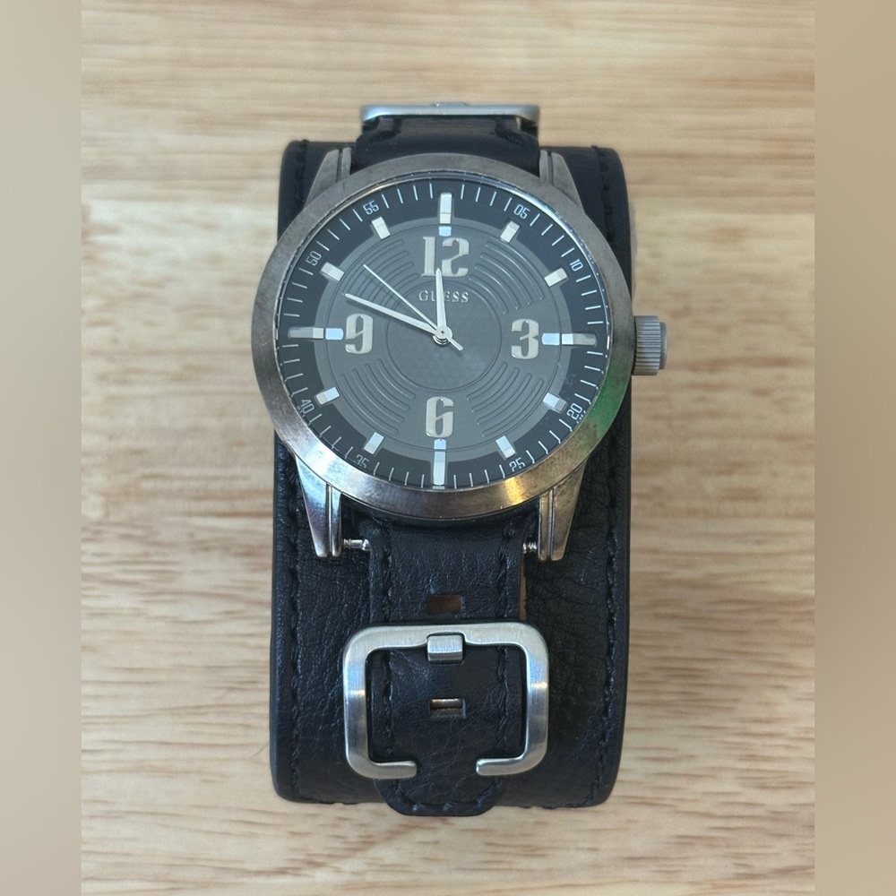 Guess Black Leather Strap Watch